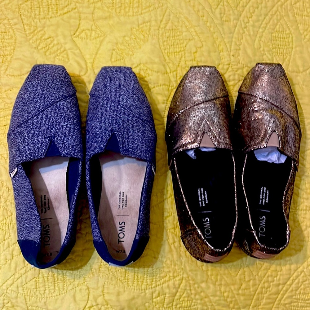 Toms 2 pairs sell together. Blue sz.  7 1/2, Gold sz. 8.